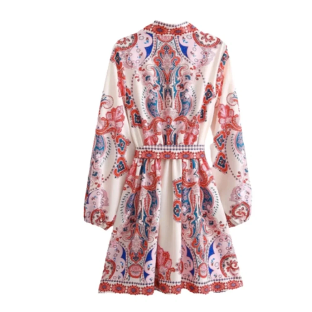 NWT Goodnight Macaroon Lola Dress Womens Small Red Blue Long Sleeve V-Neck Belt - Picture 2 of 12